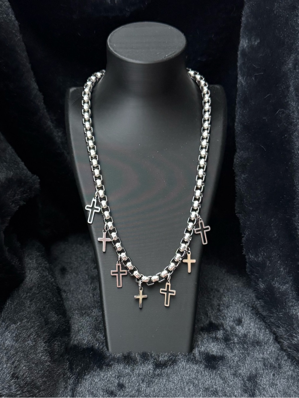 Box Chain Necklace with Multiple Small Cross Charms Street Gothic Style